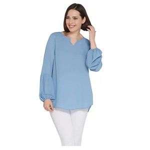 Joan Rivers Split Neck Blouse with Lantern Sleeves